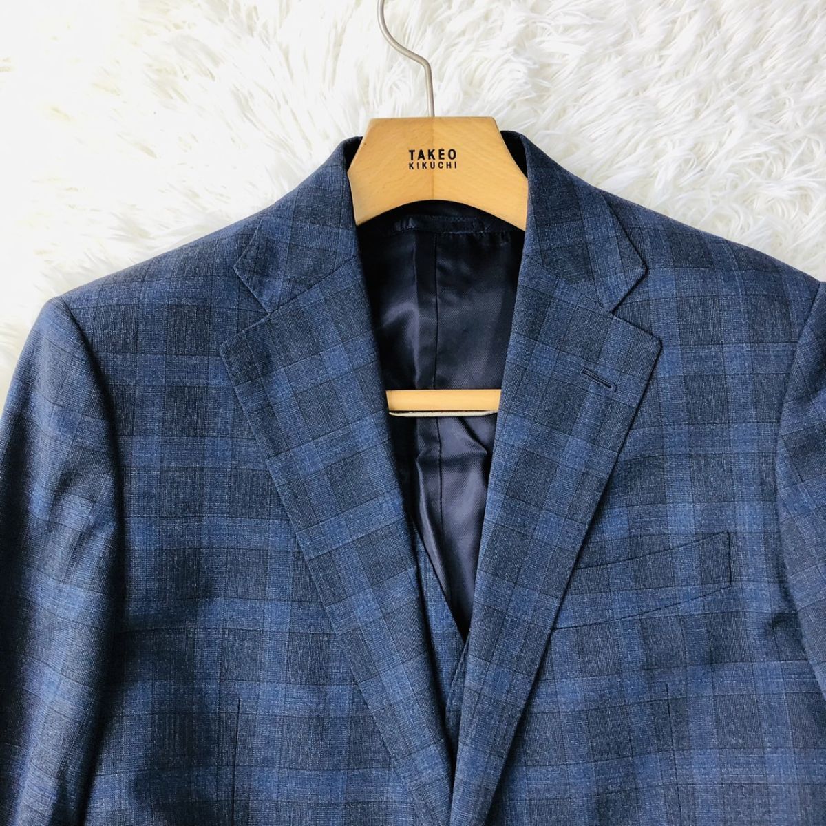 シップス【SHIPS × Loro Piana】テーラードジャケット ネイビー サイズ44 チェック柄 ベスト ストレッチ 背抜き サイドベンツ 毛　205