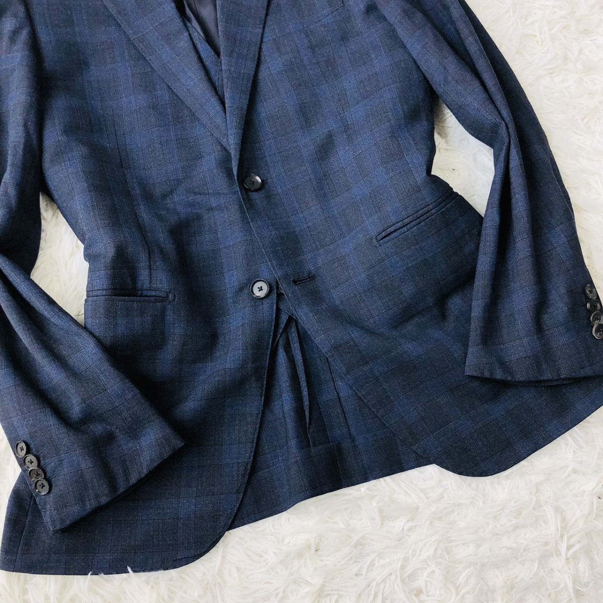 シップス【SHIPS × Loro Piana】テーラードジャケット ネイビー サイズ44 チェック柄 ベスト ストレッチ 背抜き サイドベンツ 毛　205