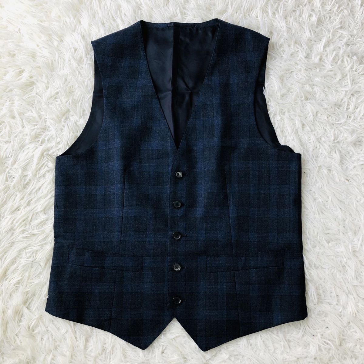 シップス【SHIPS × Loro Piana】テーラードジャケット ネイビー サイズ44 チェック柄 ベスト ストレッチ 背抜き サイドベンツ 毛　205