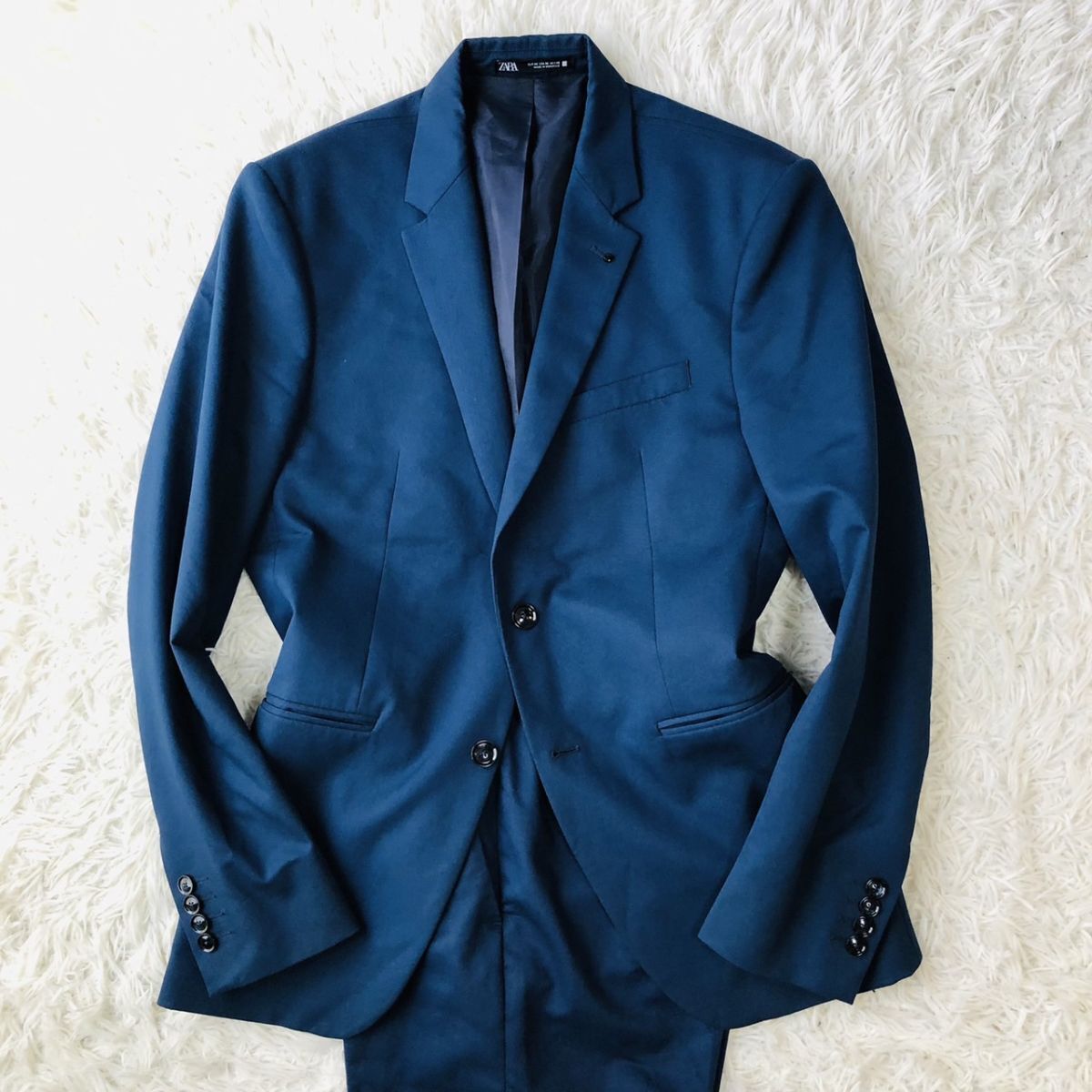 ザラ【ZARA】スーツ セットアップ テーラードジャケット COOL COMFORT ストレッチ ネイビー ジャケット48 パンツ40 L サイドベンツ 193　