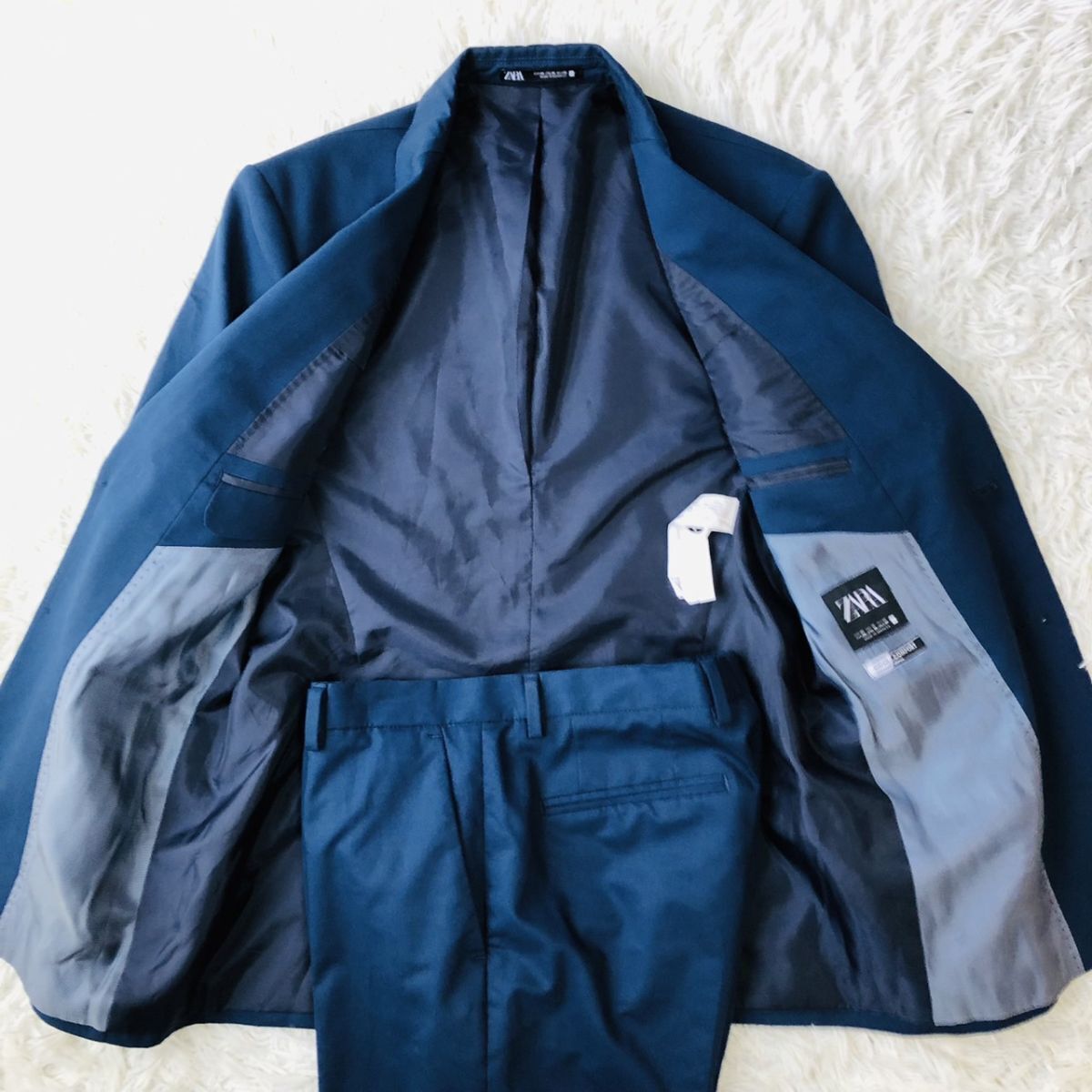 ザラ【ZARA】スーツ セットアップ テーラードジャケット COOL COMFORT ストレッチ ネイビー ジャケット48 パンツ40 L サイドベンツ 193　