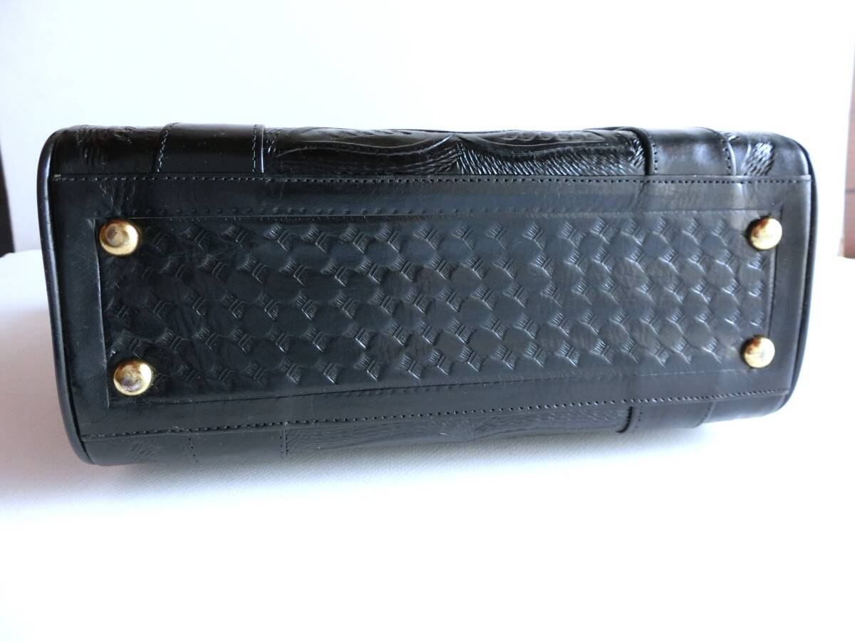 ヴィンテージ カービングレザー 本革レザー ハンド バッグ ブラック メキシコ製 型押し 黒 レトロ フォークロア 男女兼 _画像8