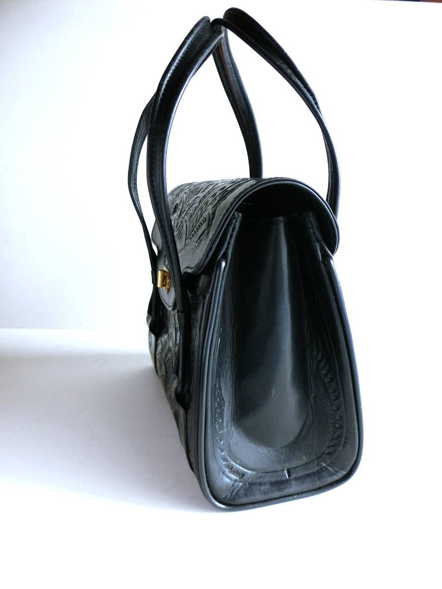 ヴィンテージ カービングレザー 本革レザー ハンド バッグ ブラック メキシコ製 型押し 黒 レトロ フォークロア 男女兼 _画像4