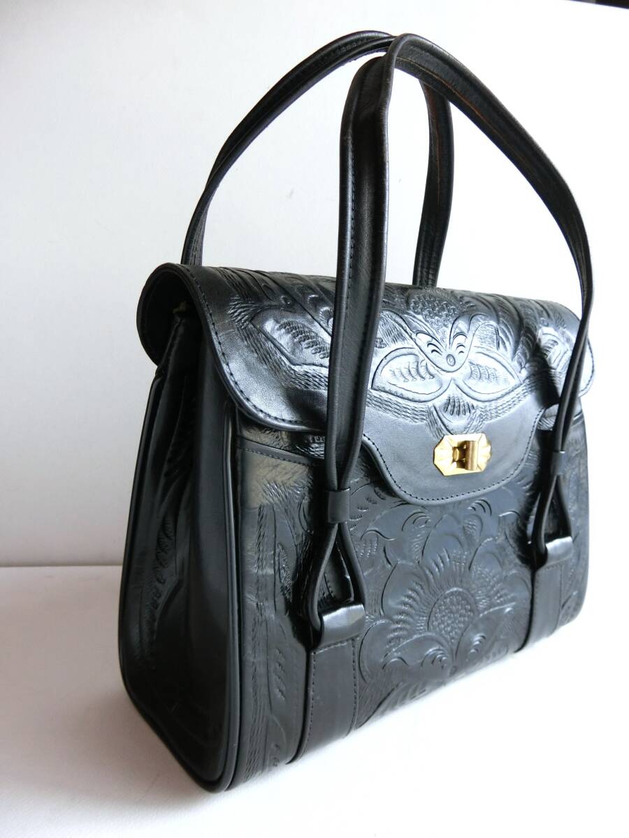 ヴィンテージ カービングレザー 本革レザー ハンド バッグ ブラック メキシコ製 型押し 黒 レトロ フォークロア 男女兼 _画像1