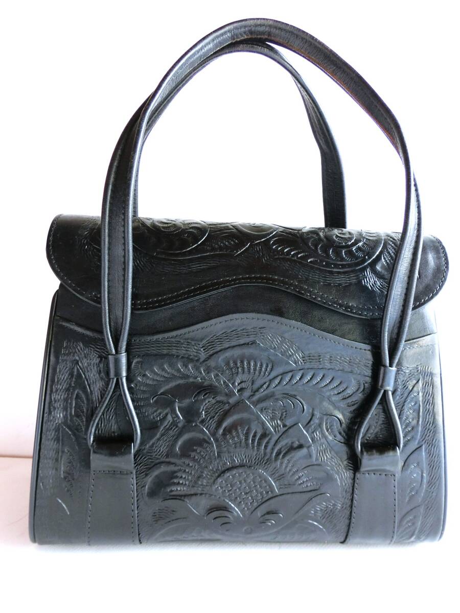 ヴィンテージ カービングレザー 本革レザー ハンド バッグ ブラック メキシコ製 型押し 黒 レトロ フォークロア 男女兼 _画像5