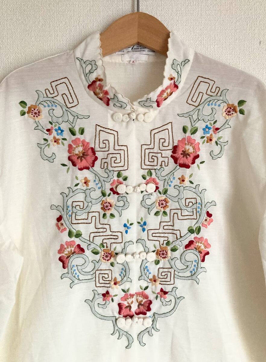 チャイナビンテージ百合花Lily手刺繍ブラウス/ジャンティーク/民族衣装/ロキエ 送料無料 チャイナヴィンテージ百合花Lily手刺繍フォークロア