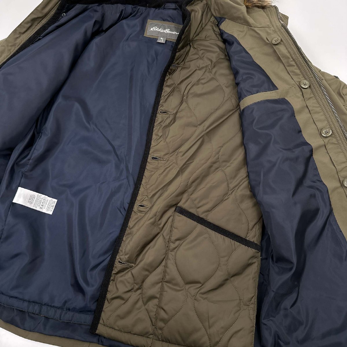 美品◆Eddie Bauer エディーバウアー キルティングライナー付き ファー マウンテン ジャケット コート M/ミリタリー/モッズ/パーカ/カーキ
