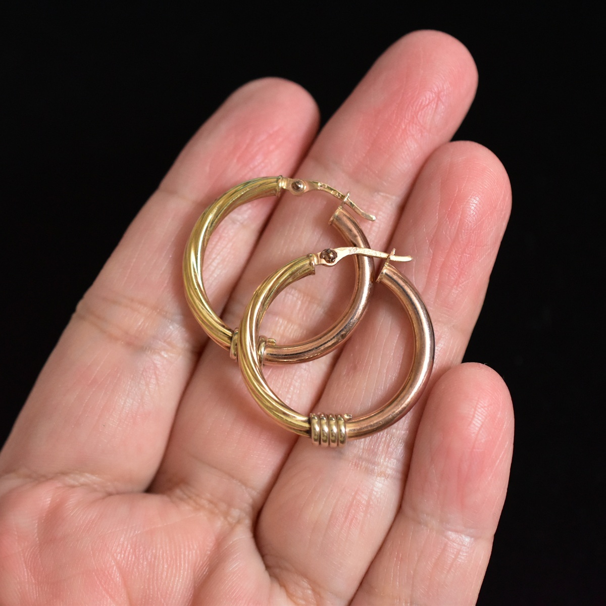 イタリア製 K9刻印 375 リングピアス 地金ミックス イエローゴールド＋ピンクゴールド 本物保証_画像6