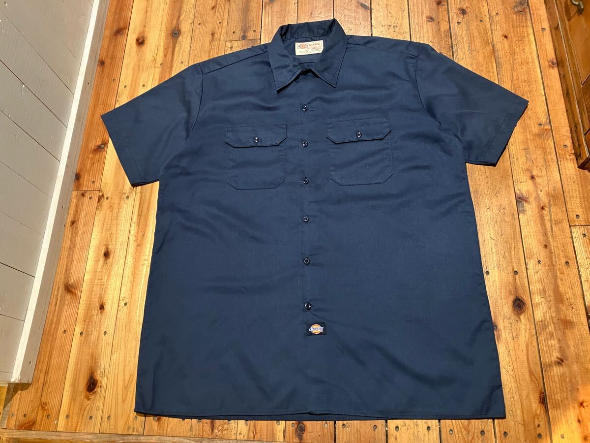 Dickies メンズXL ネイビー　ワークシャツ　半袖シャツ　100円スタート　売り切り　古著　USA輸入　トップス　作業(yè)著　アメカジ