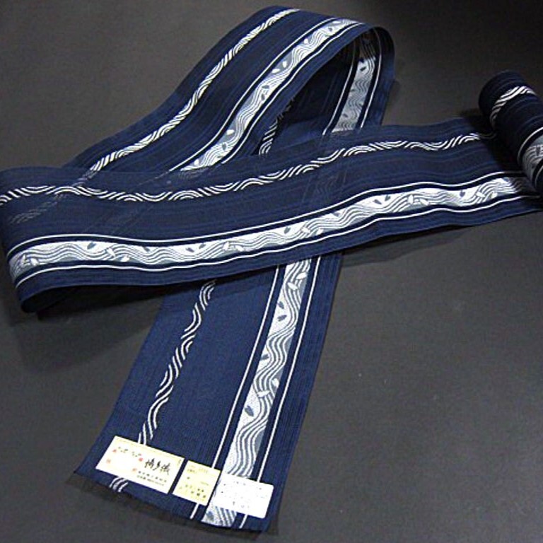 夏物　 新品　正絹 　本場(chǎng)筑前博多織　紗夏帯　四寸単帯　紺色