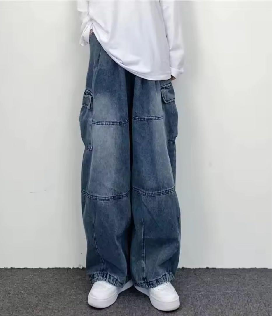 イージー ワイド カーゴパンツ ルーズ デニム ジーンズ XL ライトブルー ワンウォッシュ裾紐付き ドローコード 新品