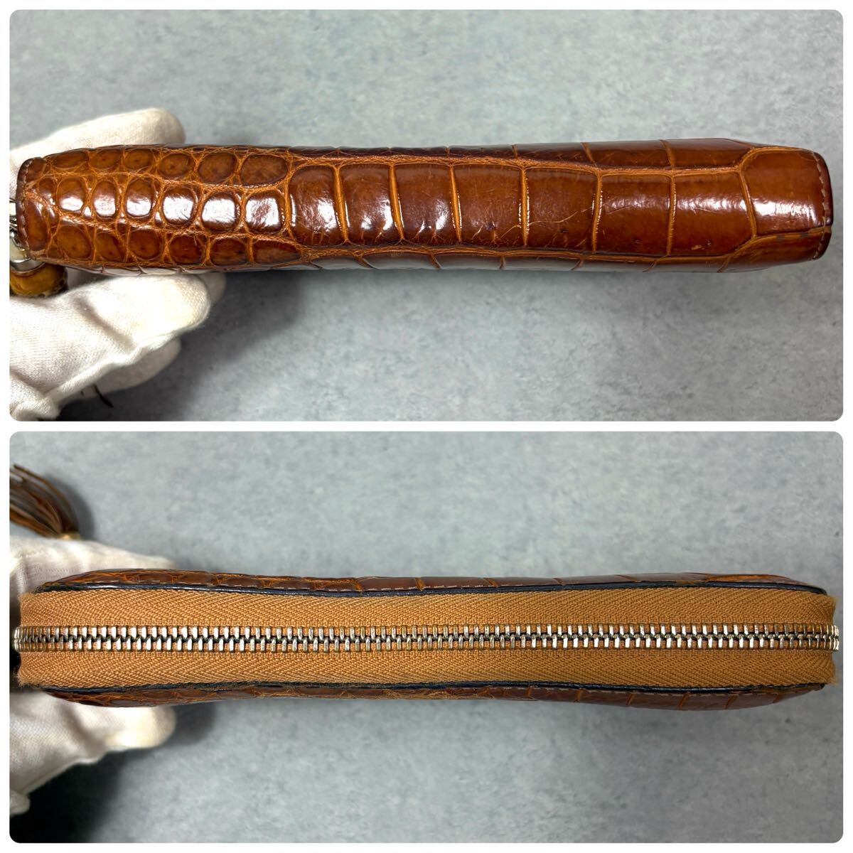 美品/リアルクロコダイル ●GUCCI グッチ メンズ 長財布 ラウンドファスナー ジッピーウォレット バンブー タッセル ワニ革 レザー 本革