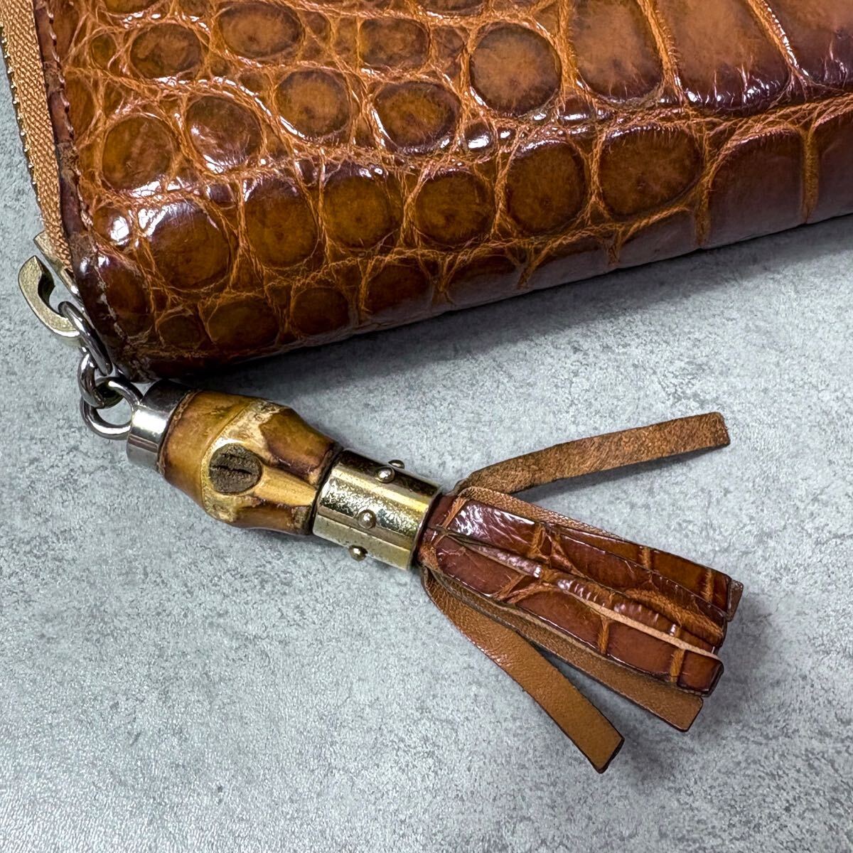 美品/リアルクロコダイル ●GUCCI グッチ メンズ 長財布 ラウンドファスナー ジッピーウォレット バンブー タッセル ワニ革 レザー 本革