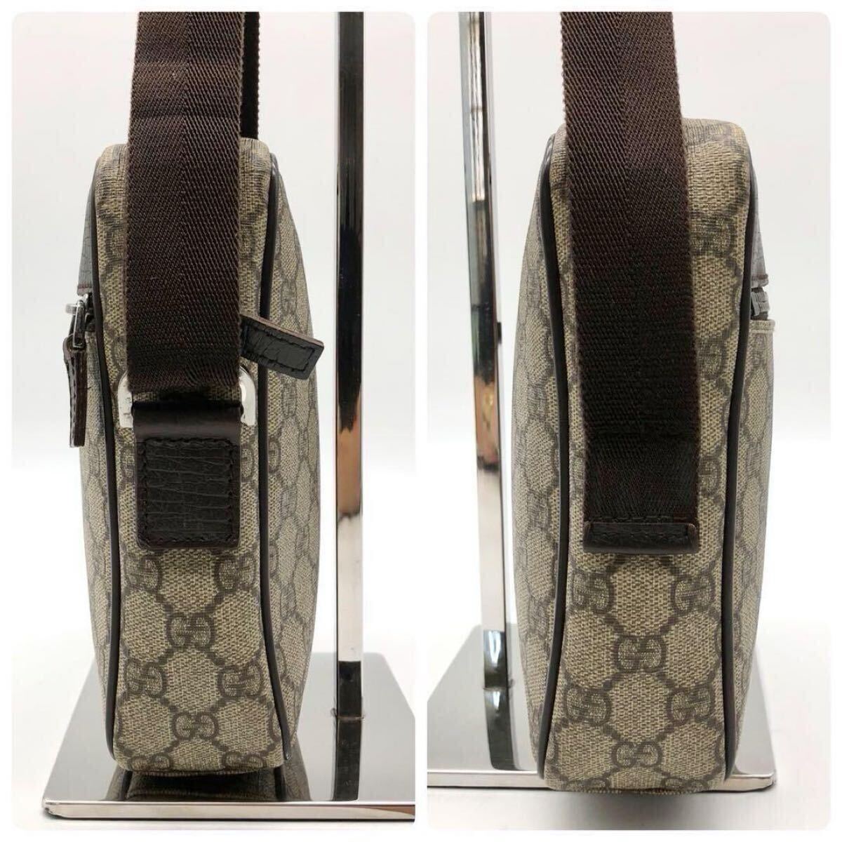 美品　グッチ　GUCCI　 ショルダーバッグ カメラバッグ　GG スプリーム　PVC レザー　ブラウン　ベージュ 斜め掛け 肩掛け　保存袋