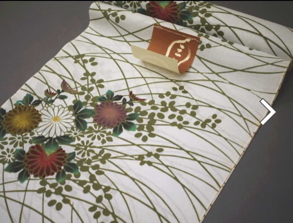 白&オリーブグリーン　芝草と小菊　模様　著物リメイク　浴衣　反物　チュニック　綿100%　ハンドメイド　ふんわり五分袖　※訳あり