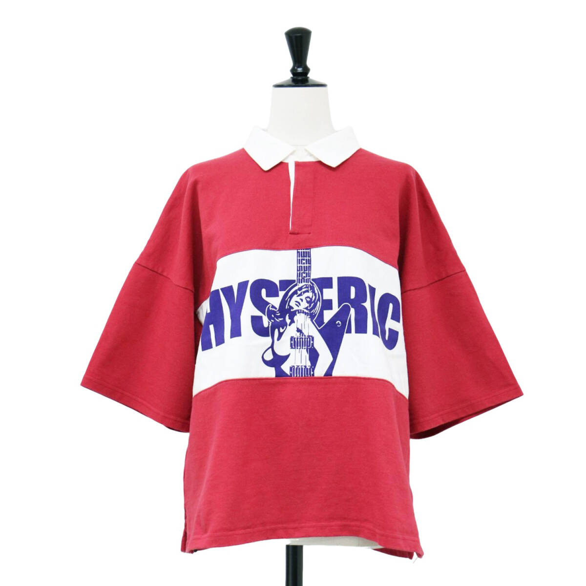 HYSTERIC GLAMOUR ヒステリックグラマー シャツ レッド ホワイト サイズ:FREE / ギター ガール ラガーシャツ / GUITAR GIRL ポロシャツ