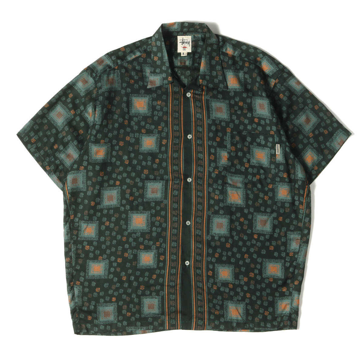 【新品】STUSSY ステューシー シャツ サイズ:L / 90s OLD STUSSY 王冠 白タグ 和柄 レーヨン アロハシャツ (USA制 / デッドストック)