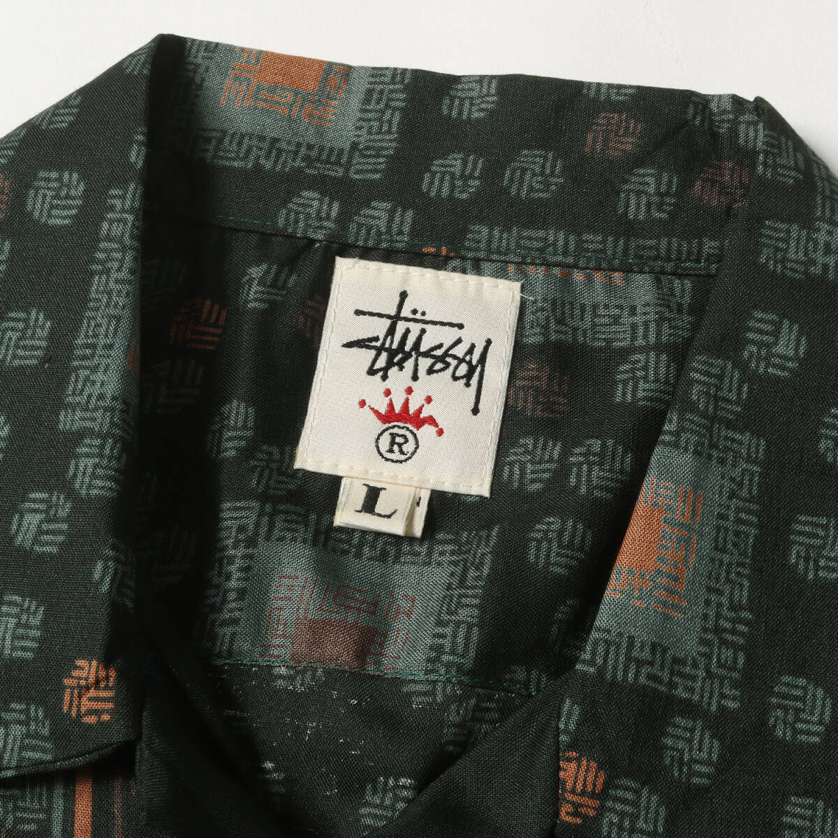 【新品】STUSSY ステューシー シャツ サイズ:L / 90s OLD STUSSY 王冠 白タグ 和柄 レーヨン アロハシャツ (USA制 / デッドストック)
