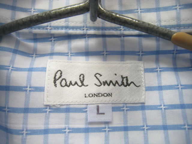 美品日本制!!ポールスミス ロンドン Paul Smith LONDON*胸ポケット付き チェック柄ドゥエボットーニシャツ L 白×水色 COLLECTION