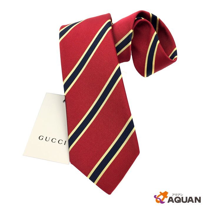 ゆうパケット発送　送料無料　GUCCI グッチ ネクタイ ストライプ シルク100％ レッド×ネイビー メンズ 服飾小物 未使用 新品 aq2708