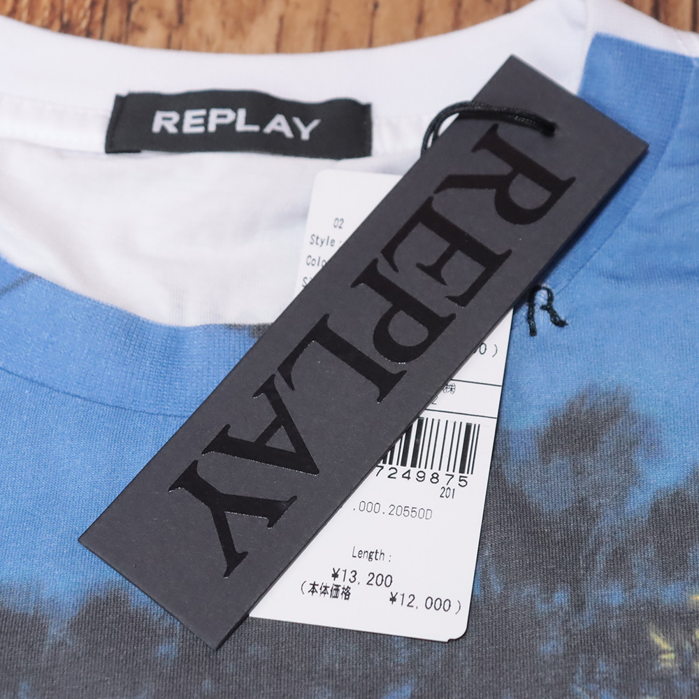 1円/春夏/REPLAY/Sサイズ/丸首Tシャツ M3046.000.20550D リゾート プリント 半袖 リプレイ 新品/青×白/kc459/