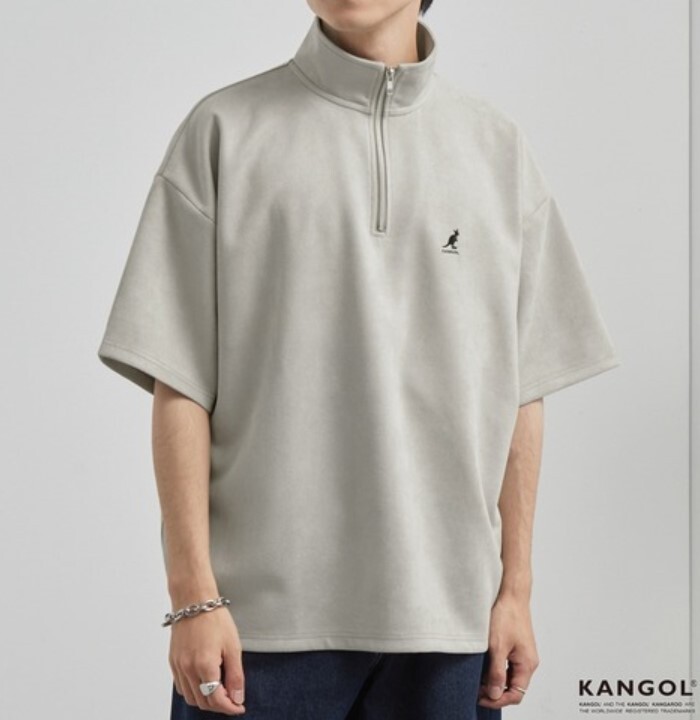 ●送料390円可能商品 カンゴール KANGOL 新品 メンズ オーバーサイズ スウェード ハーフジップ 半袖 シャツ 灰[SC122731N-L]一 三 弐★QWER