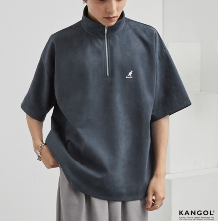 ●送料390円可能商品 カンゴール KANGOL 新品 オーバーサイズ スウェード ハーフジップ 半袖 シャツ 紺[SC1227161N-L]一 三 弐★QWER