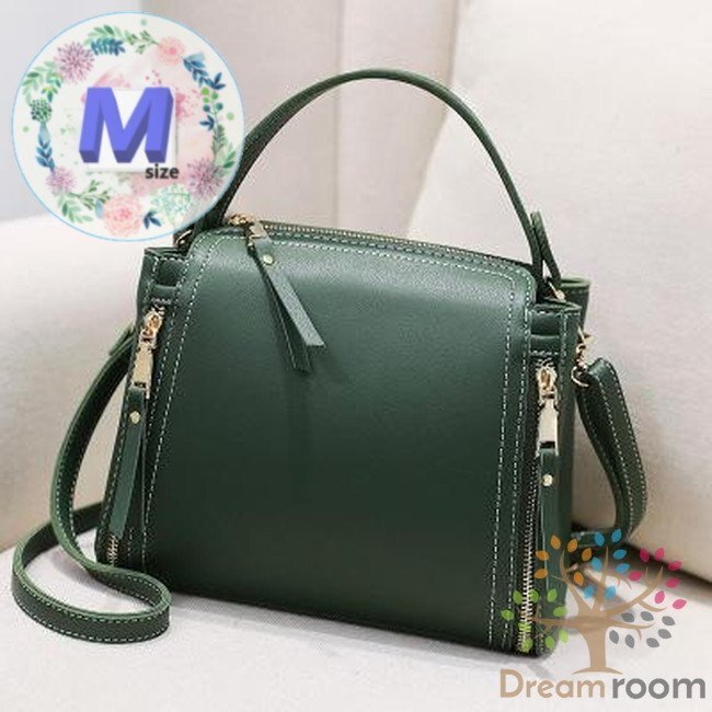 classic デザインステッチ レザー バケツBAG 【カーキ M】 革 ハンドバッグ 海外セレブ K-073-3