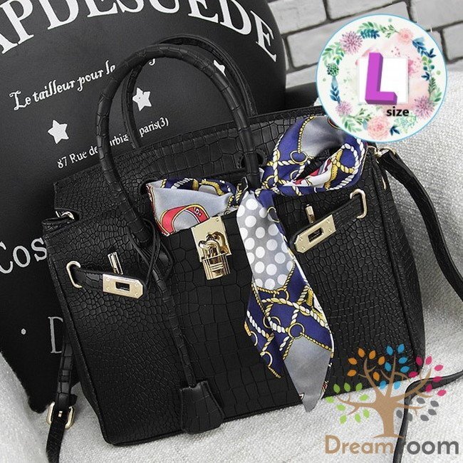 高品質(zhì)PU レザー クロコ型押し 2way ハンドバッグ ショルダー BAG【ブラックL 30cm】 K-103-2