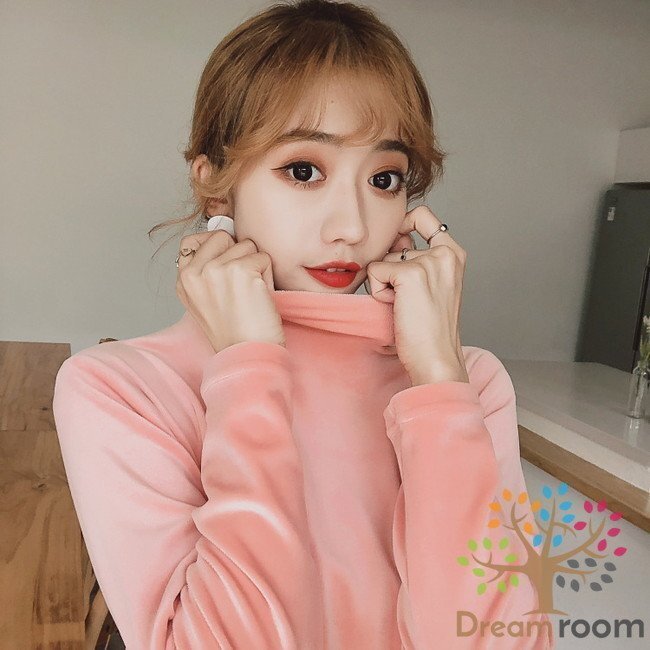 良質(zhì)とろみベロア素材 ハイネックカットソー Lサイズ 美ライン 長袖 レディース タートルネック ロンT 無地 綺麗め K-091-2ピンク