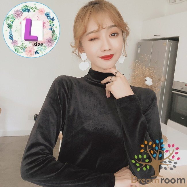 良質(zhì)とろみベロア素材 ハイネックカットソー Lサイズ 美ライン 長袖 レディース タートルネック ロンT 無地 綺麗め K-091-1ブラック