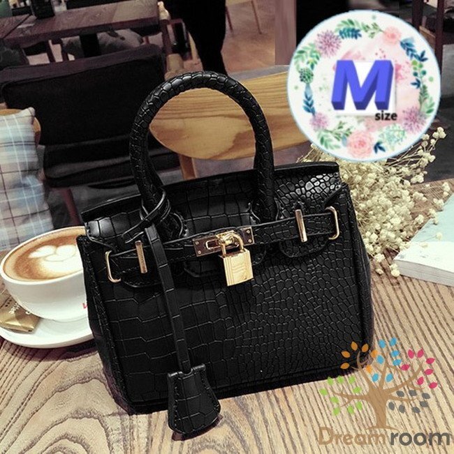 高品質(zhì)PU レザー クロコ型押し 2way ハンドバッグ ショルダー BAG【ブラックM 25cm】 K-103-1