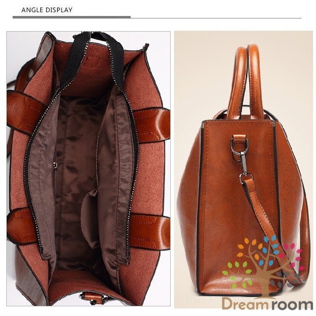 classic レザー スクエアトートBAG【ブラウン】大型収納 ハンドバッグ ショルダー セレブ 合皮革 K-093-3