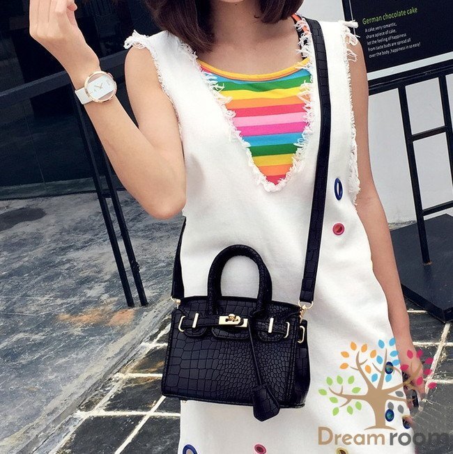 高品質(zhì)PU レザー クロコ型押し 2way ハンドバッグ ショルダー BAG【ブラックL 30cm】 K-103-2