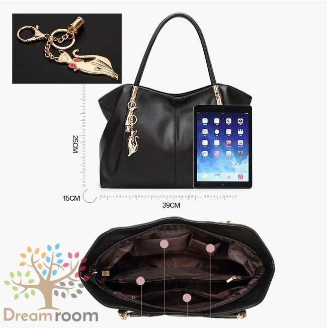 classic チャーム付 大きめ トートBAG【ブラック】ハンドバッグ ショルダーバッグ 防水 K-061-3