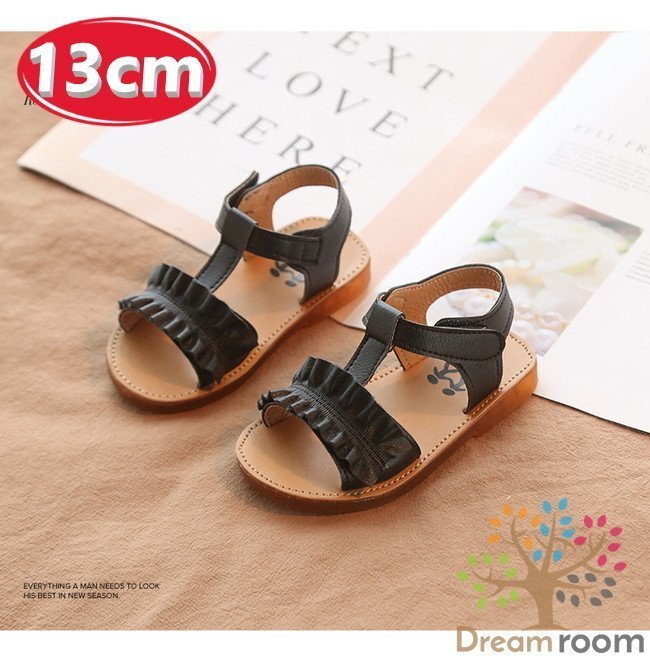 kids 滑り止め付き フリルベルト サンダル 【ブラック 13cm】 韓國(guó)子供服 キッズ滑り止め付き フリルベルト フォーマル 女の子