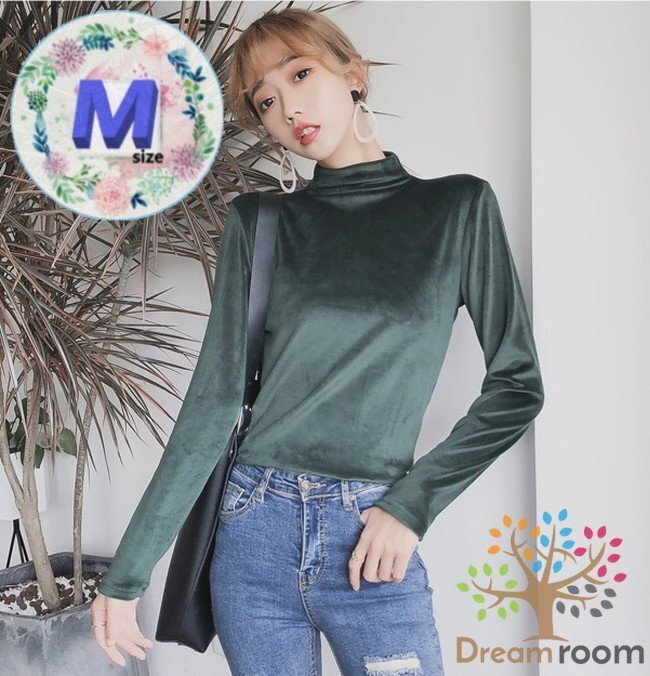 良質(zhì)とろみベロア素材 ハイネックカットソー Mサイズ 美ライン 長(zhǎng)袖 レディース タートルネック ロンT 無(wú)地 綺麗め K-091-5カーキ