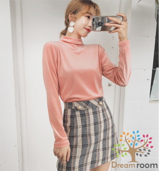 良質(zhì)とろみベロア素材 ハイネックカットソー Lサイズ 美ライン 長袖 レディース タートルネック ロンT 無地 綺麗め K-091-2ピンク