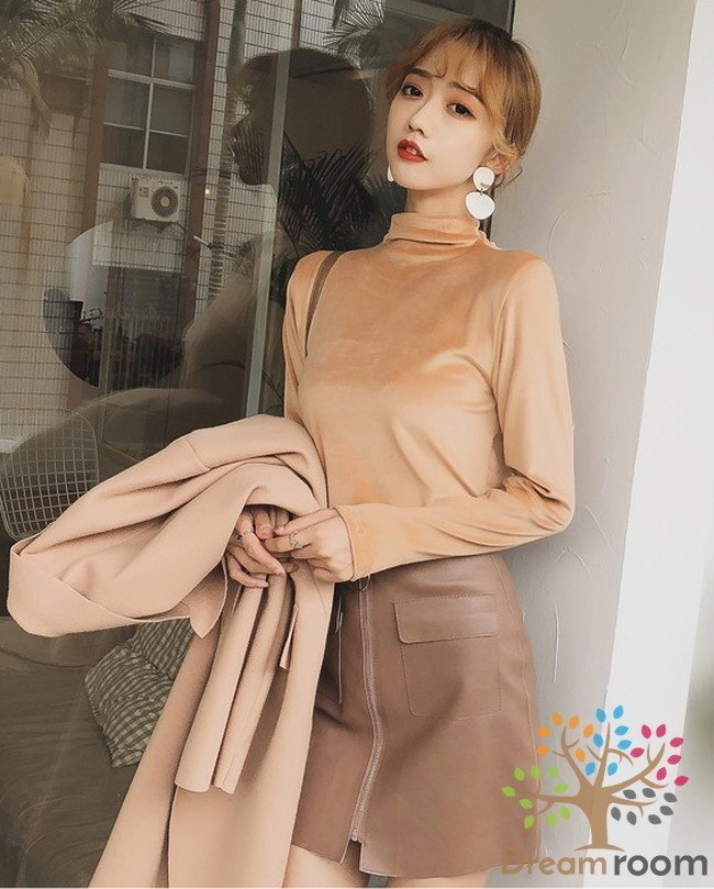 良質(zhì)とろみベロア素材 ハイネックカットソー Lサイズ 美ライン 長袖 レディース タートルネック ロンT 無地 綺麗め K-091-3ベージュ