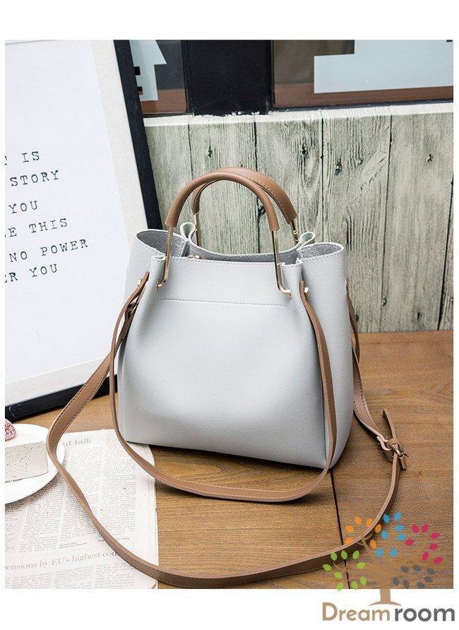 スモーキーレザー レトロバケツトートBAG【ライトグレー】大型収納 ハンドバッグ ショルダーバッグ セレブ 合皮革 K-094-2