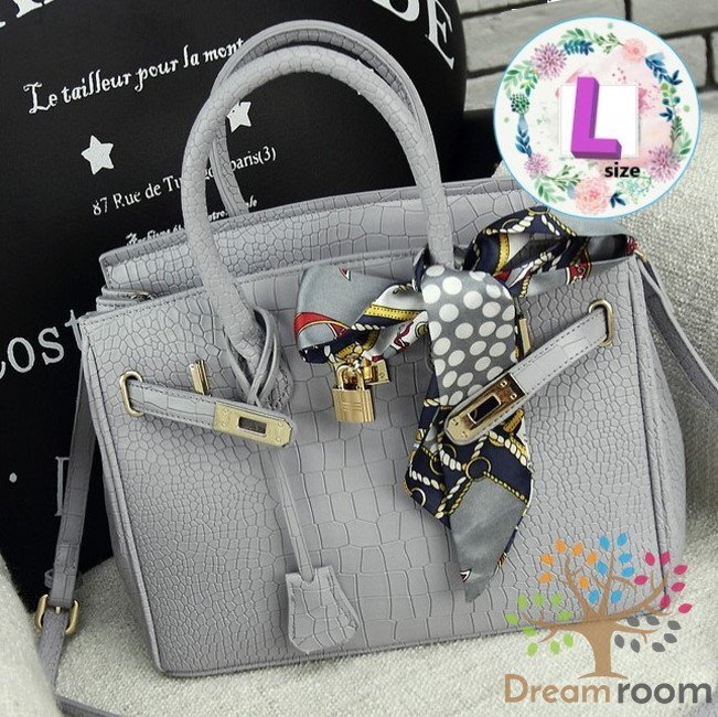 高品質(zhì)PU レザー クロコ型押し 2way ハンドバッグ ショルダー BAG【グレーL 30cm】 K-103-1