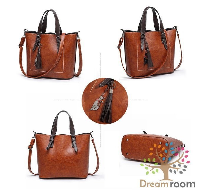 タッセルチャーム付き ミドル レザーバケツトートBAG【レッド】 ハンドバッグ ショルダーバッグ セレブ 合皮革 K-095-1