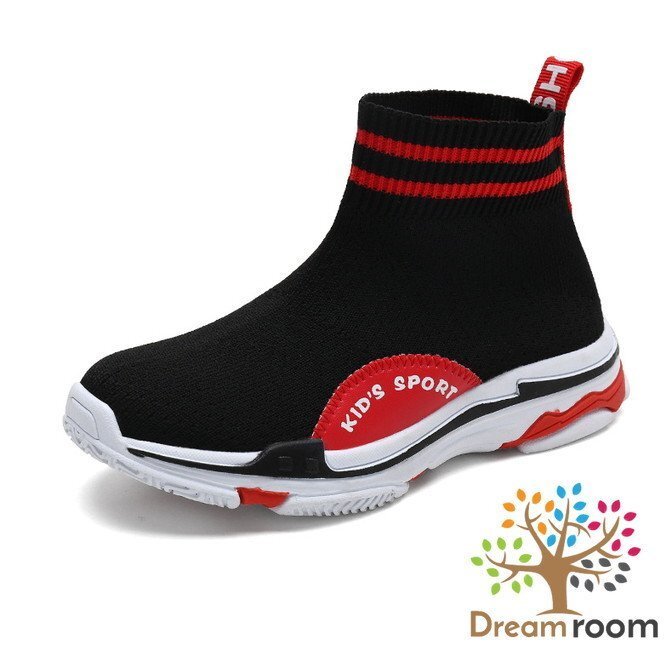 kids 夏用 ハイカット スニーカー 【ブラック×レッド　21.5cm】 韓國子供服 キッズ シューズ ニットスニーカー 子供用 男女
