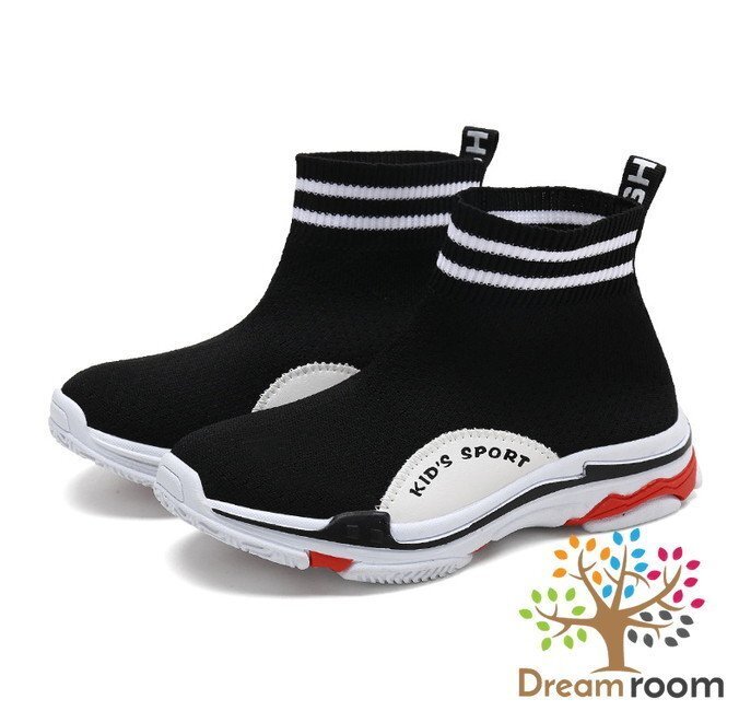 kids 夏用 ハイカット スニーカー 【ブラック×ホワイト　23cm】 韓國子供服 キッズ シューズ ニットスニーカー 子供用 男女