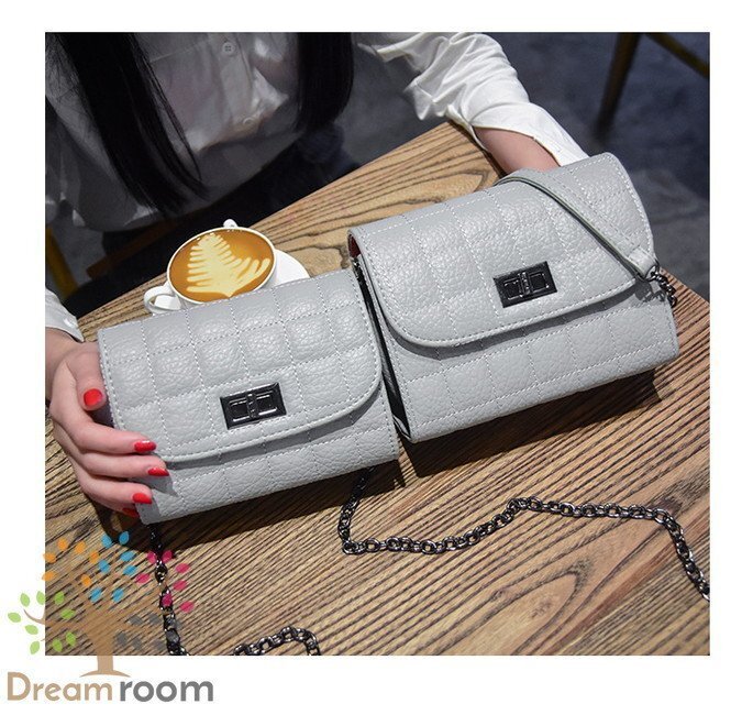 classic キルティングレザー チェーンBAG 【A型 グレー M】クラッチバッグ 革 ハンドバッグ 海外セレブ K-066-2
