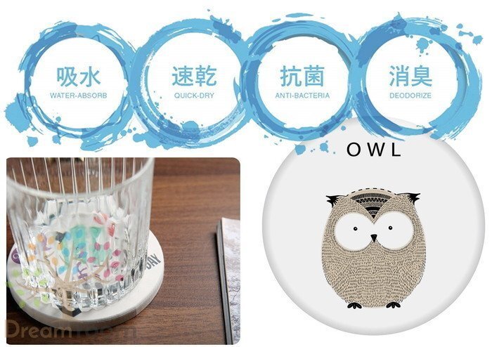 056-03 吸水力抜群 速干性 珪藻土 かわいい コースター 丸 フクロウ OWL 速干 水滴を素早く吸収☆