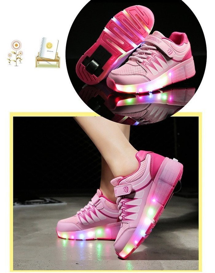 光る☆LED ライトアップスニーカー&ローラーシューズ 一體型 【K-162ピンク 21cm】夜間 スケート靴 反射材 ジョギング 自転車