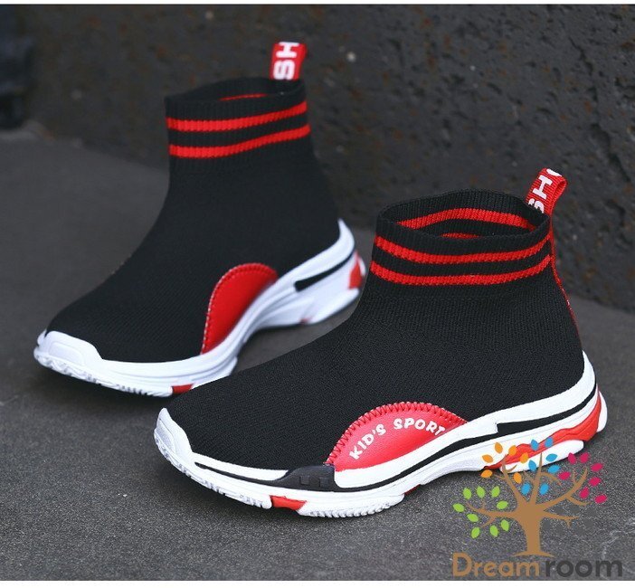 kids 夏用 ハイカット スニーカー 【ブラック×レッド　21.5cm】 韓國子供服 キッズ シューズ ニットスニーカー 子供用 男女