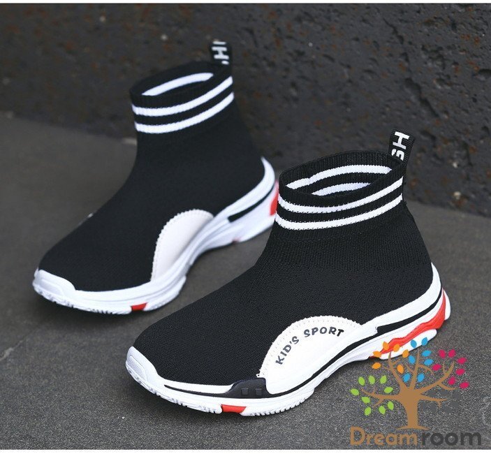 kids 夏用 ハイカット スニーカー 【ブラック×ホワイト　23cm】 韓國子供服 キッズ シューズ ニットスニーカー 子供用 男女