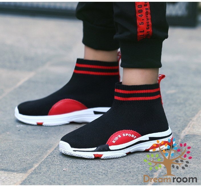 kids 夏用 ハイカット スニーカー 【ブラック×レッド　19cm】 韓國(guó)子供服 キッズ シューズ ニットスニーカー 子供用 男女